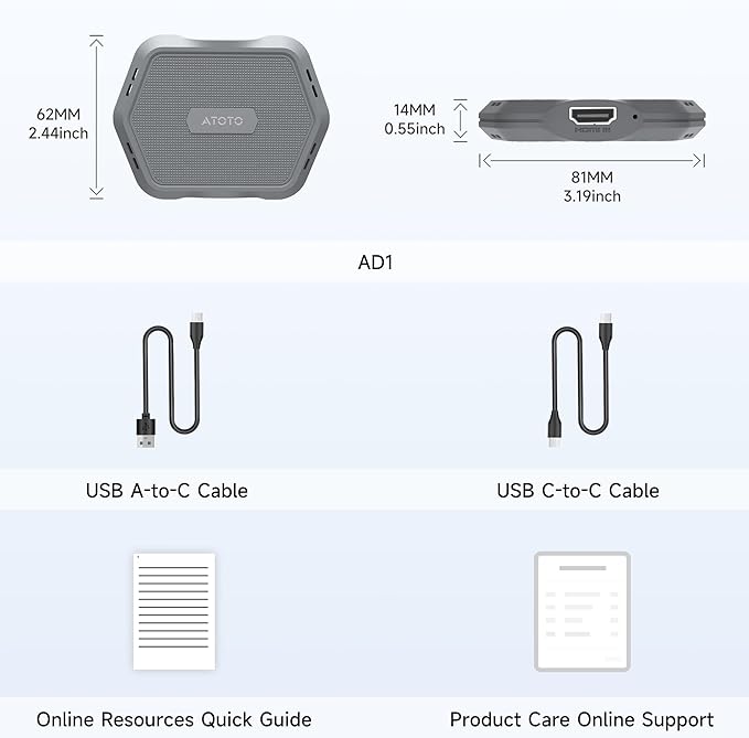 ATOTOMOVE Wireless Carplay Box Adapter with HDMI Input, 2 in 1 Dongle for Wired CarPlay Cars, Plug & Play Multimedia Hub for TV Box/Game Console/DVD/Blu-ray, Bluetooth 5.2, OTA Updates, AD Gray
