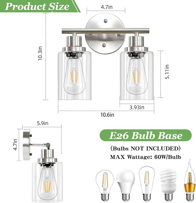 Guliaofo 2-Light E26 Bathroom Light Fixtures, Modern Brushed Nickel Vanity Lights for Bathroom with Clear Glass Shade, Mirror Kitchen Hallway Cabinet Living Room Sconces Wall Lights