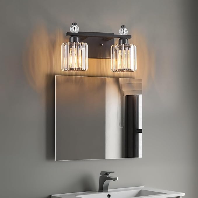 FDPBY Bathroom Vanity Lights 2-Light Sand Black Modern Crystal Vanity Light Fixtures Over Mirror Crystal Bathroom Vanity Lighting Fixtures