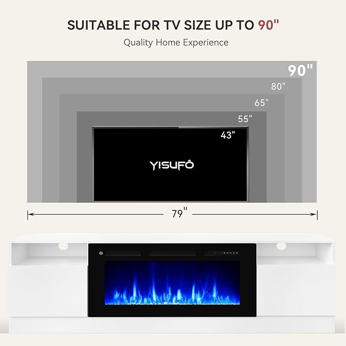 YISUFO 80” TV Stand with 36” Electric Fireplace, Large Modern Media Entertainment Center with Storage Cabinet and 12 Colors LED Lights for TVs Up to 90",White and Black