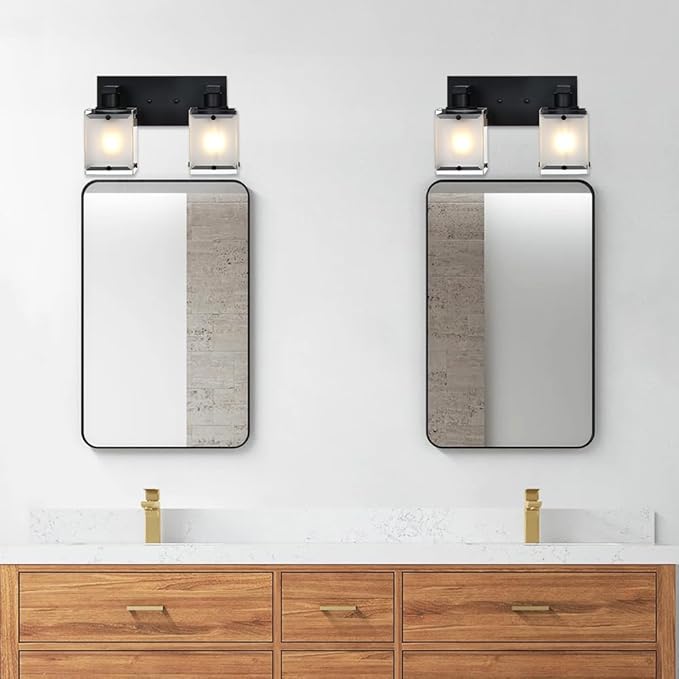 WINSHEN Black Wall Sconce Lighting, 2-Light Bathroom Vanity Light Fixture Wall Mount Lamp Over Mirror for Bedroom Bedside Studty Living Room, Rectangular Frosted Glass Shade