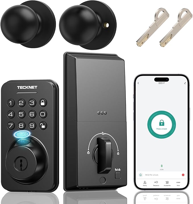 Keyless Entry Door Lock with Handle, Fingerprint Keypad Deadbolt with Handle Set, Smart Door Locks for Front Door with App Control, Auto-Lock, One-Time Code, Easy to Install