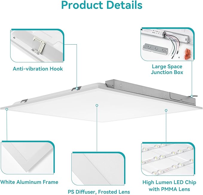 VocgoUU 2x2 LED Flat Panel Light for Drop Ceiling, 5500LM, 0-10V Dimmable, 30W/40W/50W Selectable, 4CCT 3000K/4000K/5000K/6000K, ETL Listed, 100-277V, 8 Pack