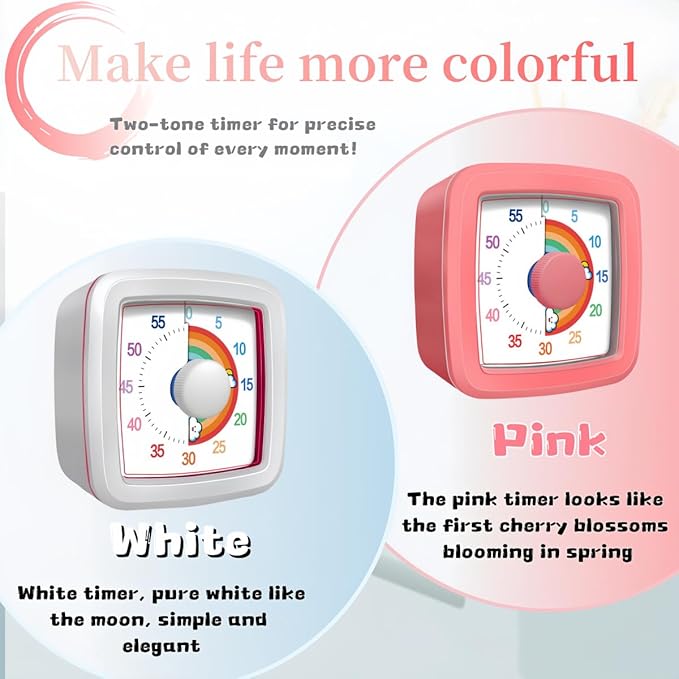 Visual Timer for Kids Adults, 60-Minute Countdown Timer for Classroom, Kitchen,Office, Pomodoro Timer Time Management Tools for Toddler ADHD(White)