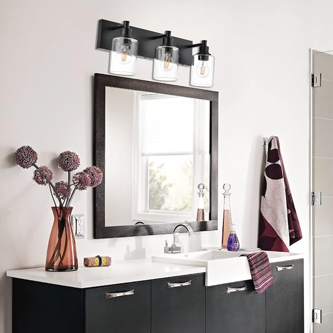 TODOLUZ Industrial Wall Sconce Lighting in Matte Black Finish, 3-Light Bathroom Vanity Light Fixtures with Clear Glass Shades (E26 Bulb Base)