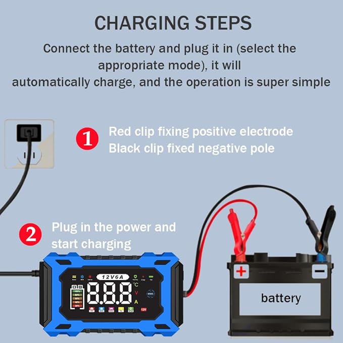6-Amp 12V Smart Car Battery Charger, Battery Maintainer Trickle Charger with Desulfator, Pulse Repair & Overcharge Protection - for Car Lawn Mower Marine Lead-Acid Batteries (Blue)