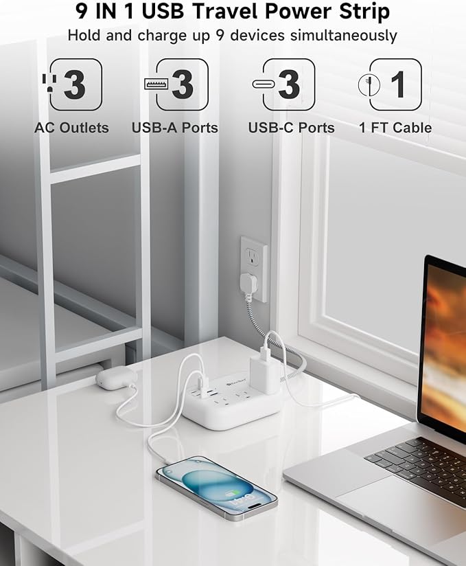 Beeiker Short Extension Cord 1 Ft- 6 USB(3 USB C) Travel Power Strip with 24W USB Charging Station and 3 Outlets, 1Ft Small Flat Plug Extension Cord Surge Protector for Travel Home College Dorm 1625W