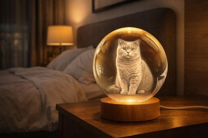Herihues Personalized 3D Photo Crystal Ball, Custom Engraved Picture Lamp with Wood Base, Night Light for Pet Lovers, Cat Memorial Gifts, Loss of Pet Sympathy Gift Night Light, Cat Mom Gifts
