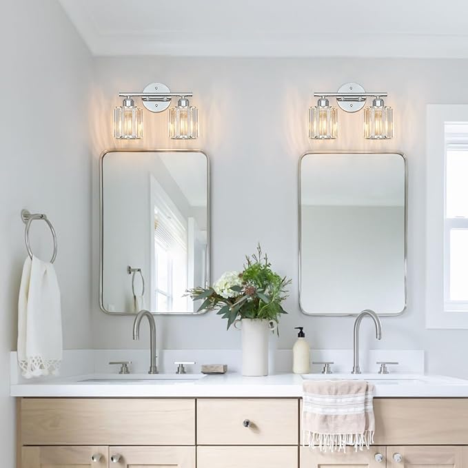 FDPBY Modern 2 Light Crystal Vanity Light, Chrome Vertical Bathroom Light Fixture Over Mirror for Dressing Table Sink, Compatible with Dimmable Bulbs (Bulbs Not Included)