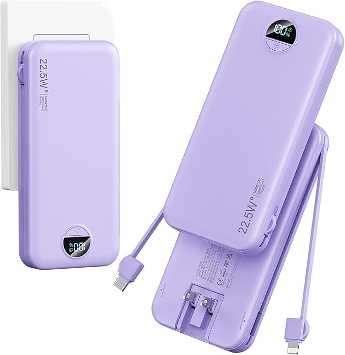 Ultra-Portable-Charger-Power-Bank with Built in Cables&AC Wall Plug,12000mAh PD20W USB-C Fast Charging Cell Phone Charger Battery Pack,LED Display Travel Battery Bank for All iPhone,Samsung,Android