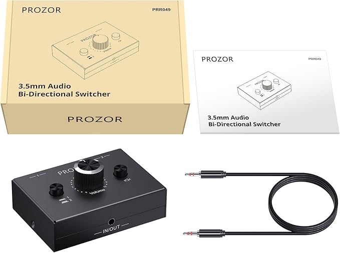 PROZOR 3.5mm Audio Bi-Directional Switcher - 2(1)-in-1(2)-Out 3.5mm Stereo Audio Switch Splitter 2 x 1/1 x 2, with Mute Button and No External Power Required