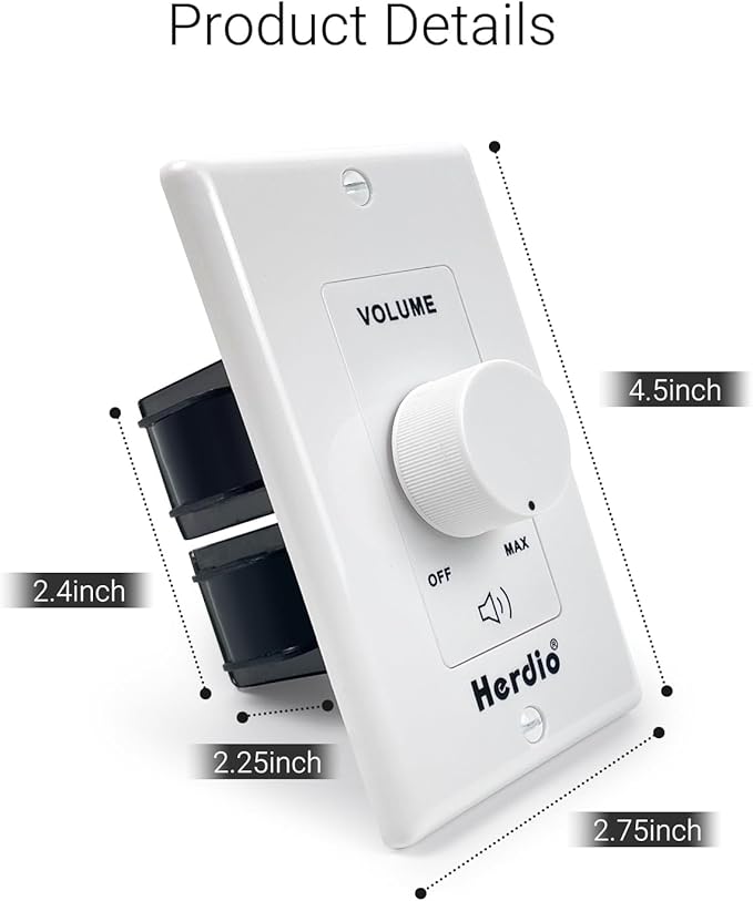 Herdio 100W Volume Control Knob for Speakers, Flush in Wall Volume Controller with 3 Independent Plate, Precise Sound Adjustment with 12-Position, Wide Compatibility for Home Audio Volume Adjustment