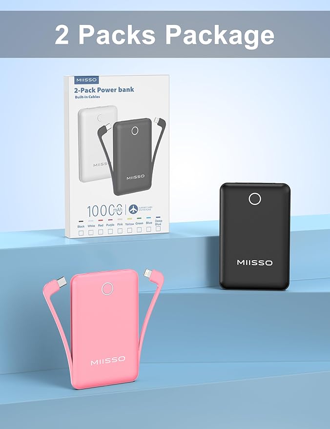 10000mAh Mini Portable Charger with Built in Cable, Pocket Size Power Bank Travel External Battery Pack for Phone, 3 Output USB Type C Cord Clutch Compatible with iPhone, Samsung, 2 Pack Black & Pink