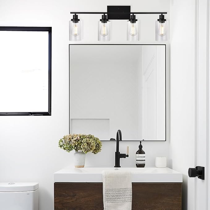 WINSHEN Black 4-Light Bathroom Light Fixtures with Seeded Glass Shade, 31-Inches Length Farmhouse Vanity Lights Over Mirror for Cabinet Kitchen Bedroom