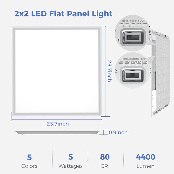 AIKVSXER 4 Pack 2x2 LED Flat Panel Light - Selectable 5 CCT 3000K-6500K & 5 Wattage 30-50W 5500Lm 0-10V Dimmable 2x2 led Drop Ceiling Lights 120-277V for Commercial and Home