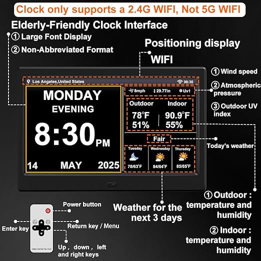 FEYBYLA 2025 New Digital Clock with Temperature/Humidity & Weather Forecast, Auto Time Sync Large Display, Custom Alarms & Medication Reminders, Ideal for Elderly(Black, 10.1-Inch)