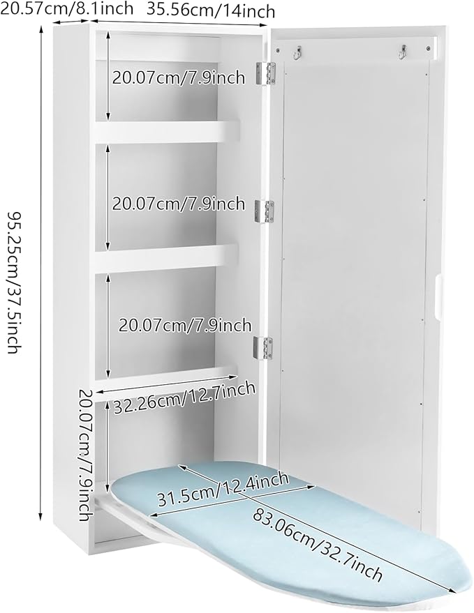 Ropoana Wall Mount Ironing Board Cabinet, Built-in Swivel Ironing Board Foldable with Storage, Wall Hanging with Mirror, Foldable Iron Storage Station for Home, Apartment, Checkrooms, White