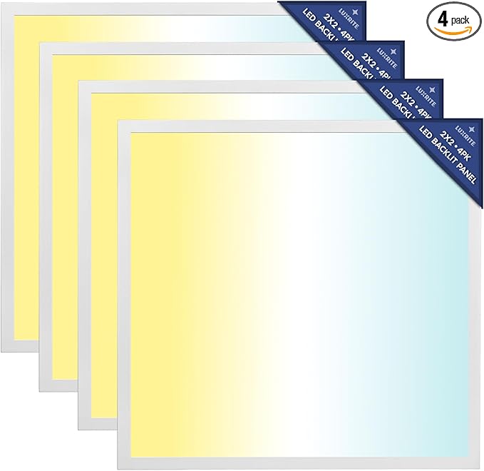 LUXRITE 2x2 FT LED Flat Panel Light, 5CCT Color Selectable 3000K 3500K 4000K 5000K 6500K, Wattage Selectable 20W/30W/40W, 5000 Lumens, LED Drop Ceiling Lights, 0-10V Dimmable, DLC & ETL (4 Pack)