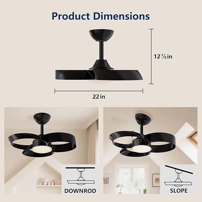 FANX 22 Inch Ceiling Fan with Light and Remote, Quiet DC Motor, Dimmable LED, Reversible 3-Speed Control, Easy Installation Flush Mount Fan for Small Rooms (Black)