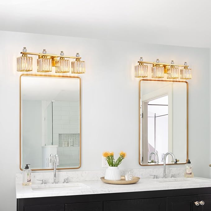 FDPBY Vanity Lights 4-Light Modern Crystal Vanity Light Gold Bathroom Light Fixtures Over Mirror Crystal Bathroom Vanity Lighting Fixtures