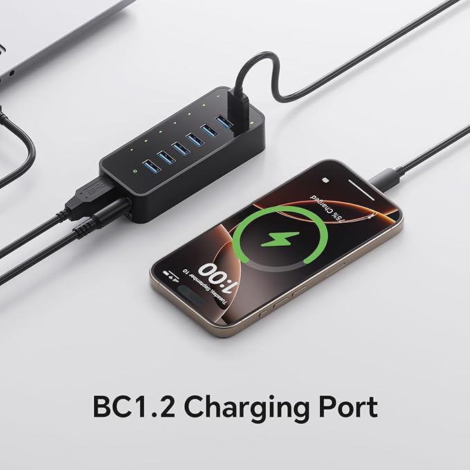 USB 3.0 Hub, 7Ports USB Hub with 1BC1.2 Ports, Multi USB Data Hub Compatible with Mac, Laptops, Desktop, All USB Devices, Mobile and HDD, USB 3.0 Splitter (36W Adapter Included)