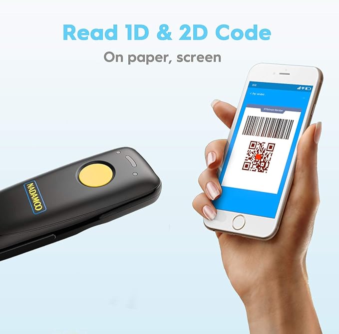 NADAMOO 2D Wireless Barcode Scanner Compatible with Bluetooth, Portable USB 1D 2D QR Code Scanner for Inventory, Bar Code Image Reader for Tablet iPhone iPad Android iOS PC POS, with Charging Dock