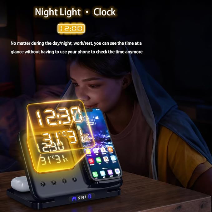 AYI 5in1 Multi Functional Wireless Charging Station with Digital Clock 15W Fast Charge Night Light Temperature Humidity Monitor Wireless Charger for All Qi Phone TWS Headphone and Apple Watch-White