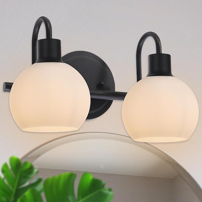 WINSHEN 2-Light Black Bathroom Light Fixture, Milk White Globe Wall Sconce Lamp for Hallway Bedroom Foyer Cabinets, Modern Vanity Lights E26 Socket