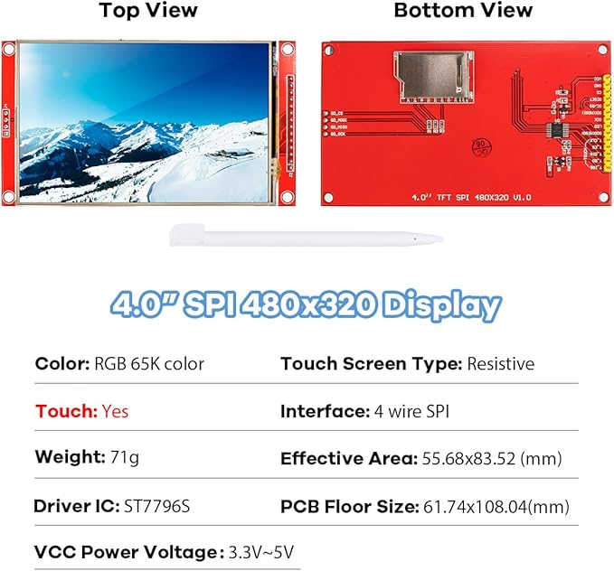 Hosyond 4.0 Inches 480x320 TFT Touch Screen LCD Display Module SPI ST7796S Driver for Arduino R3/Mega2560