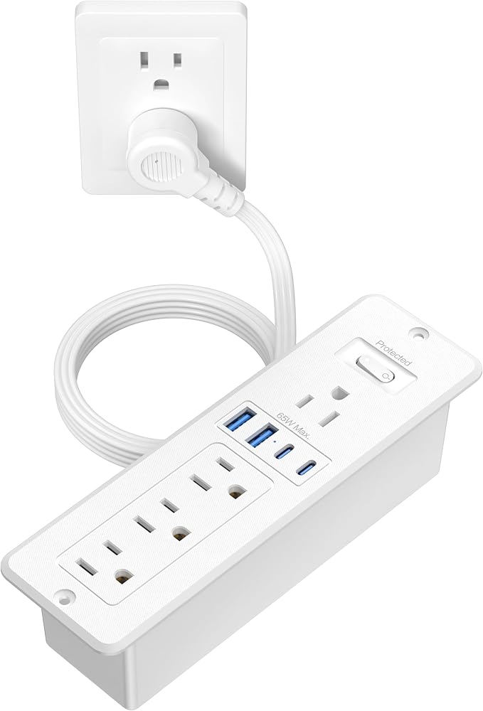 65W USB C Recessed Power Strip, Flush Mount Desktop Recessed Outlet with 4AC & 2 PD GaN USB C & 2 USB-A Ports, Furniture Hidden Drawer Fast Charging Station for Home Office