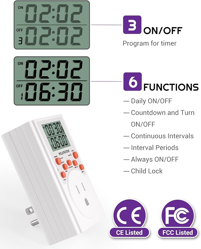 Timer Outlet, Nearpow Multifunctional Infinite Cycle Programmable Plug-in Digital Timer Switch with 3-Prong Outlet for Appliances, Energy-Saving Timer, 15A/1800W