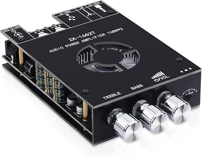 Audio Amplifier Board, ZK-1602T Bluetooth 5.0 Power Amp for Home Speakers 2.0 Channel 160W+160W Stereo Mini Amplifier Module TDA7498E Chip W/TB, USB, AUX, DC 15-36V