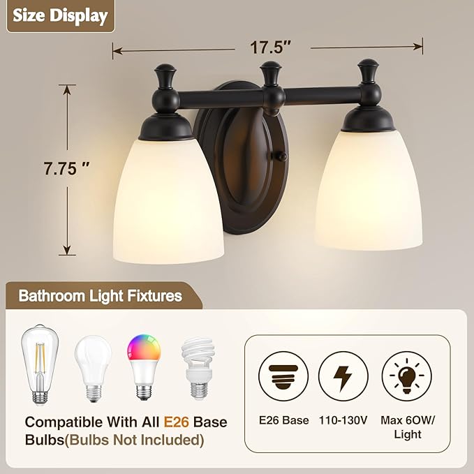 EJIAXIN 2 Lights Bathroom Vanity Light, Black Bath Vanity Light Modern Bathroom Vanity Lights Vintage Style for Living Room Cabinet Bedroom About Mirror