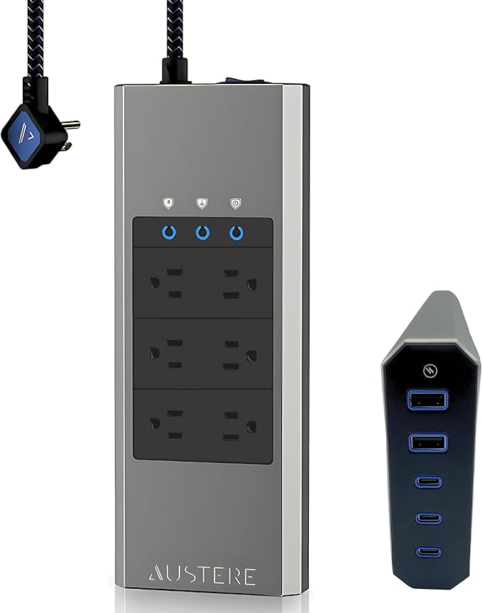 Austere V Series Surge Protector Power Strip, 6 Wide Outlet, 3 USB C & 2 USB A 2.4 amp Ports | 3000 Joules Heavy Duty, EMI/RFI Filtering, 5 Year Component Guarantee