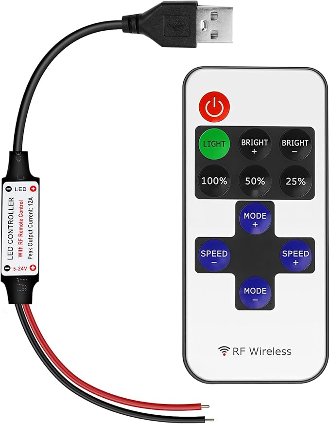RF Mini Wireless Remote Controller for Single Color 3528 5050 LED Strip Lights, Wireless Remote Control with USB and Wire Connector, RF LED Strip Light Dimmer