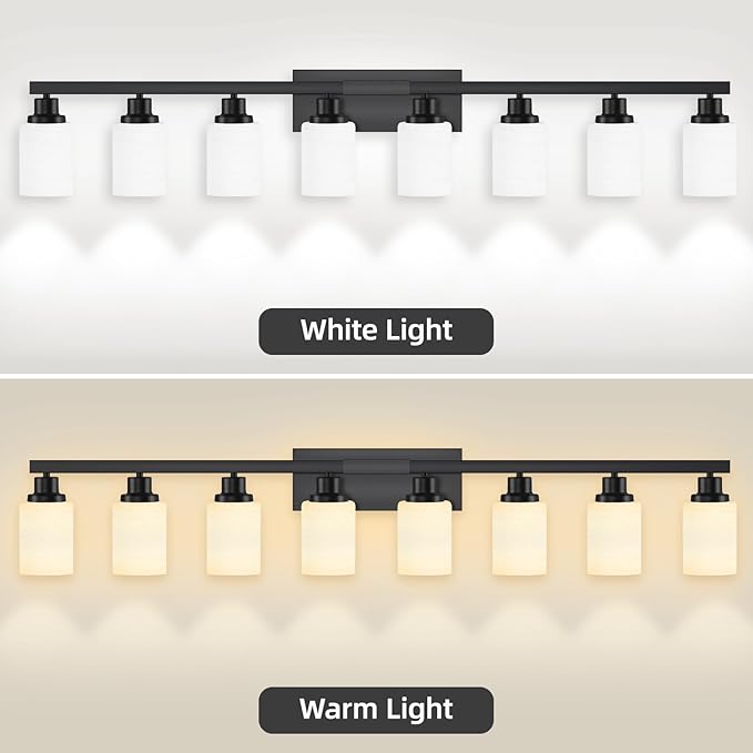 DIKAIDA 8-Light Bathroom Light Fixtures Over Mirror, 52inch Modern Matte Black Vanity Lights with White Frosted Glass Shade, Bathroom Wall Lamp Sconces for Mirror Bedroom, Living Room Hallway