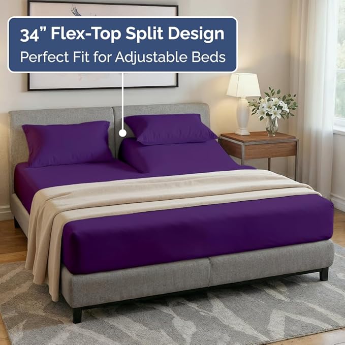 Split Head King Sheet Set – 4 Piece Flex Split Top King Sheets for Adjustable Beds - Fits 14” to 16" Mattress w/ Deep Pockets - Soft, Breathable & Cooling - Luxury Bedding and Wrinkle Free - Purple