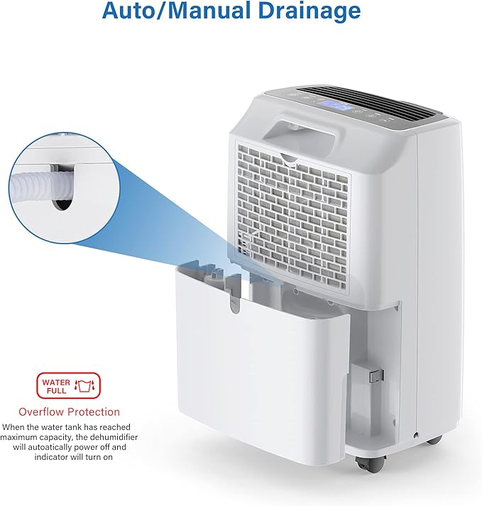 Yaufey 2500 Sq. Ft Dehumidifier for Home and Basements with Auto or Manual Drainage, 0.48 Gallon Water Tank Capacity -Low Noise and 24 Hr Timer
