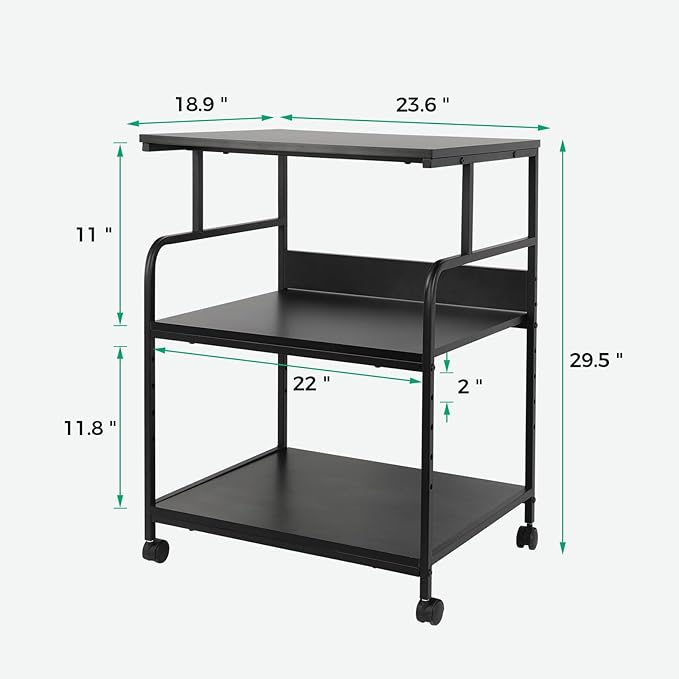 GCCSJ Large Printer Stand，3 Tier Printer Cart with Adjustable Storage Shelf，23.6 x18.9 x 29.5 inches Printer Stand for Home Office, Stands for Heat Press Scanner Fax, Industrial Style, Black