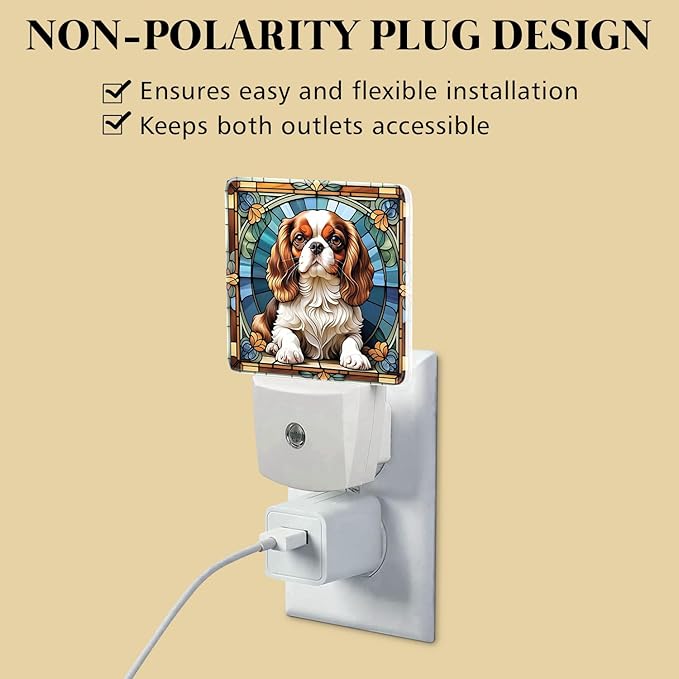 PODMemory Cavalier King Charles Spaniel Stained Glass Night Lights Plug into Wall for Room, Cavalier King Charles Spaniel Night Light LED for Bedroom