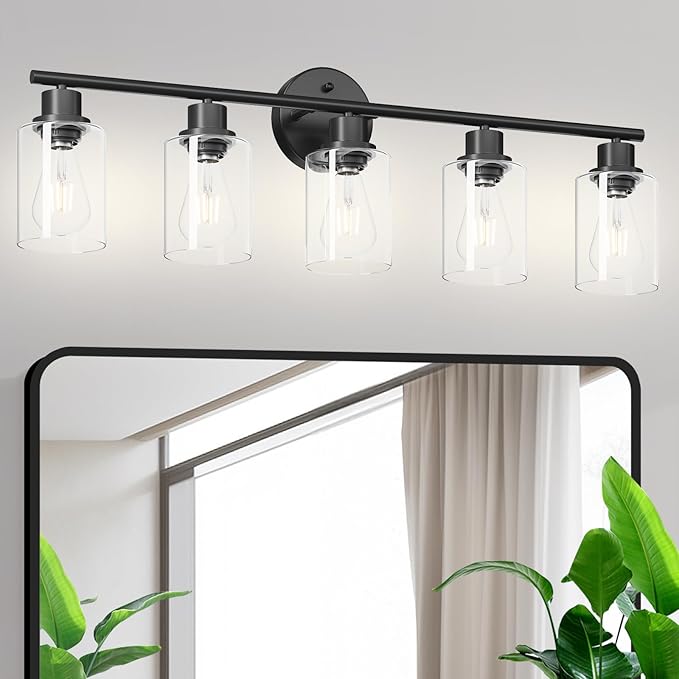 Guliaofo 5-Light Black Bathroom Vanity Lights, E26 Modern Bathroom Light Fixtures with Clear Glass Shade, Mirror Kitchen Hallway Cabinet Living Room Sconces Wall Lights