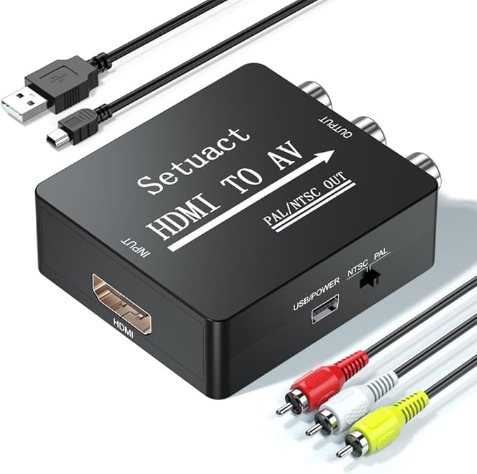 Setuact HDMI to AV Converter, HDMI to RCA Converter, Supports PAL/NTSC for Apple TV, Roku, Fire Stick, Blu-ray, DVD Player, Older TV, Projector, (with Male RCA Cables)