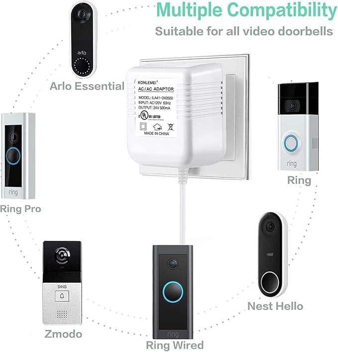 KONLEMEI Doorbell Power Adapter, 24V Transformer Compatible with Video Doorbell, 20ft/6M,White
