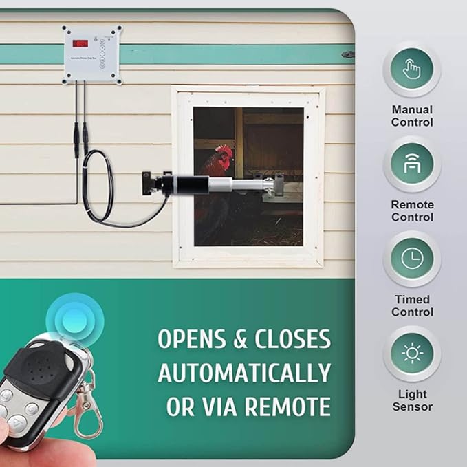 Cunyuer Automatic Chicken Coop Door Opener, Timing Photosensitive Remote Door Closer, Auto Chicken Cage Gate Opener Closer Remote Control Kit