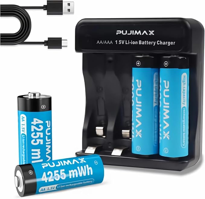 PUJIMAX Rechargeable AA Batteries Lithium with Charger,High Capacity 4255 mWh 1.5v Rechargeable Li-ion Double A Batteries for Blink Camera Smart Doorbell Smart Lock 4pack