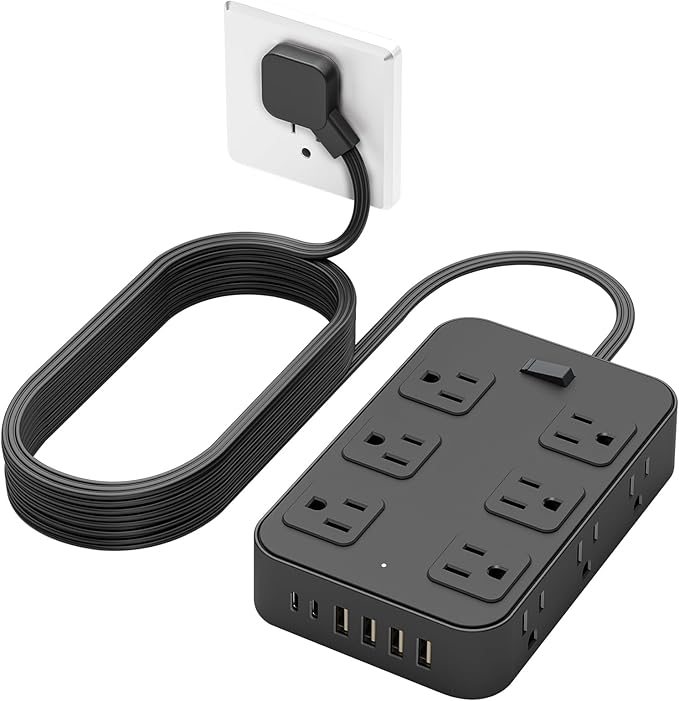 Solidock Flat Plug Power Strip Surge Protector with 12 AC Outlets 6 USB Ports 3 Side Multi Plug Outlet Extender 15 Ft Extension Cord for Home Office Kitchen Dorm Wall Desk Charging Station ETL Listed