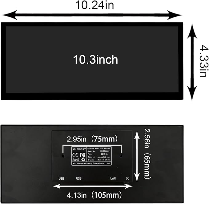 VSDISPLAY 10.3 Inch Touch LCD Monitor 1920x720 IPS Supports USB Flash Drive 2.0 Auto Copy Auto Play Split Screen for Elevator Restaurants Supermarket Store Extra Advertising Display