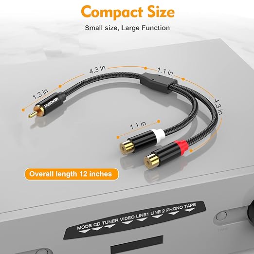 HOSONGIN RCA Splitter 1 Male 2 Female Audio Cable (2 Pack), 24K Gold-Plated Plug, Cotton Braided Jacket, Dual Shielded Y Splitter Adapter for Amplifiers, TV, Home Theater, Hi-Fi Systems -12 inch