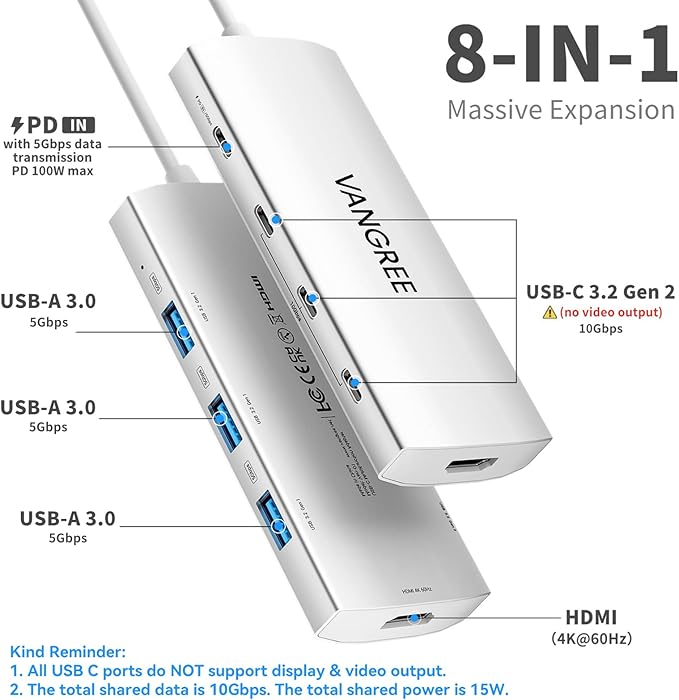 USB C Hub 8 in 1 Multiport Adapter, 3 USB 3.2 Gen 2 Ports with 10Gbps, 3 USB-A 3.0 5Gbps, 4K@60Hz HDMI, 100W PD, USBC Splitter for MacBook Pro, iPad Pro, Mac mini and More(Not Support USB-C Monitor)
