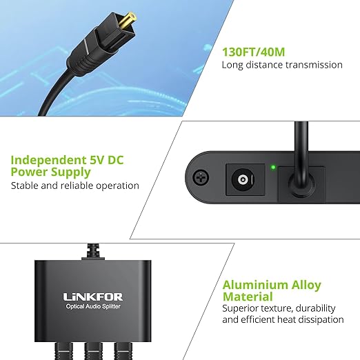 LiNKFOR Optical Cable Splitter 1x3 SPDIF Toslink with 1PCS Optical Audio Cable Aluminum Shell Toslink Splitter 1 in 3 Out Support LPCM 2.0 DTS Dolby-AC3 Compatible with PS3 DVD HDTV STB Etc